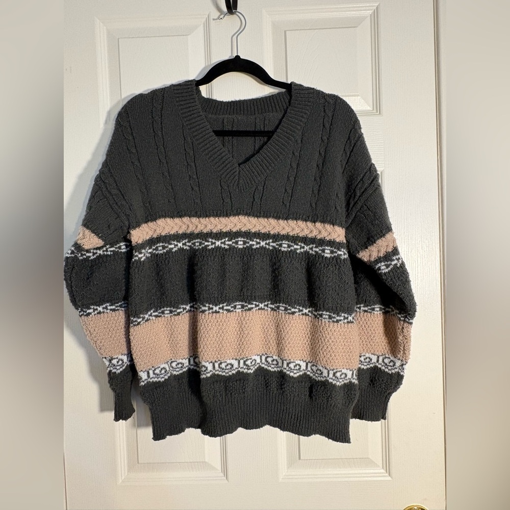 Women’s V-Neck Argyle Stripe Sweater | Vintage Preppy Knit | Size S